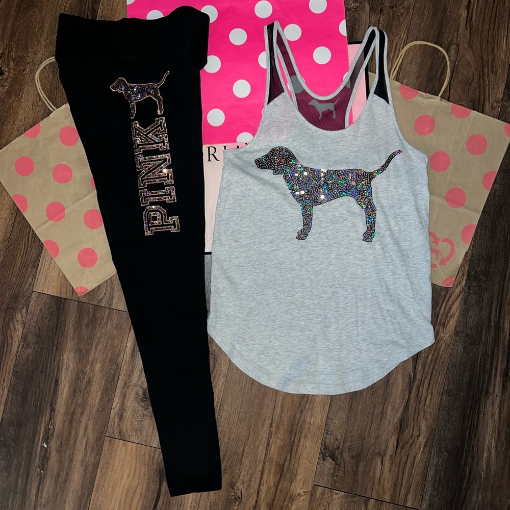 VS PINK RARE HTF Rose Gold Bling OG Dog Logo Legging & Tank Set.
